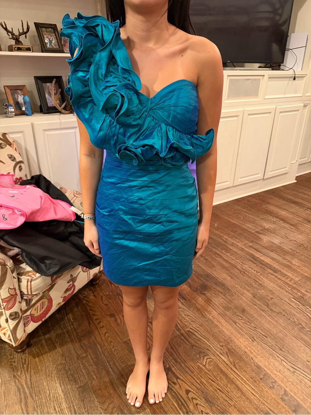 Jovani Teal One-Shoulder Ruffle Mini Dress